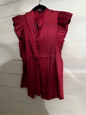 Express Women's Wine Red Ruffle Sleeve Button-Front Blouse
